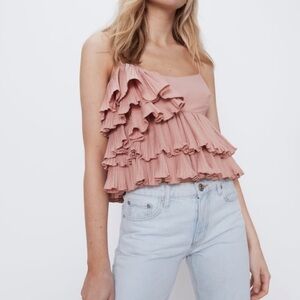 ZARA Blush Pink Pleated Ruffle Top Size S